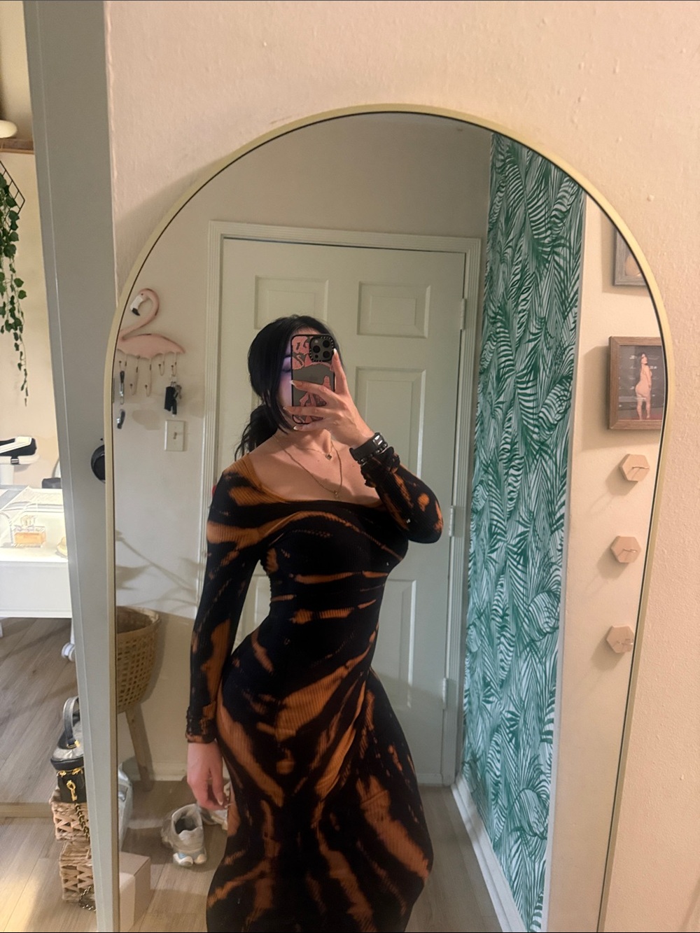 Fashion Nova Black and Rust Tie-Dye Long Sleeve Dress